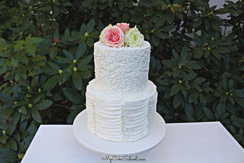 Elegant Stencil and Ruffle Cake tutorial by My Cake School