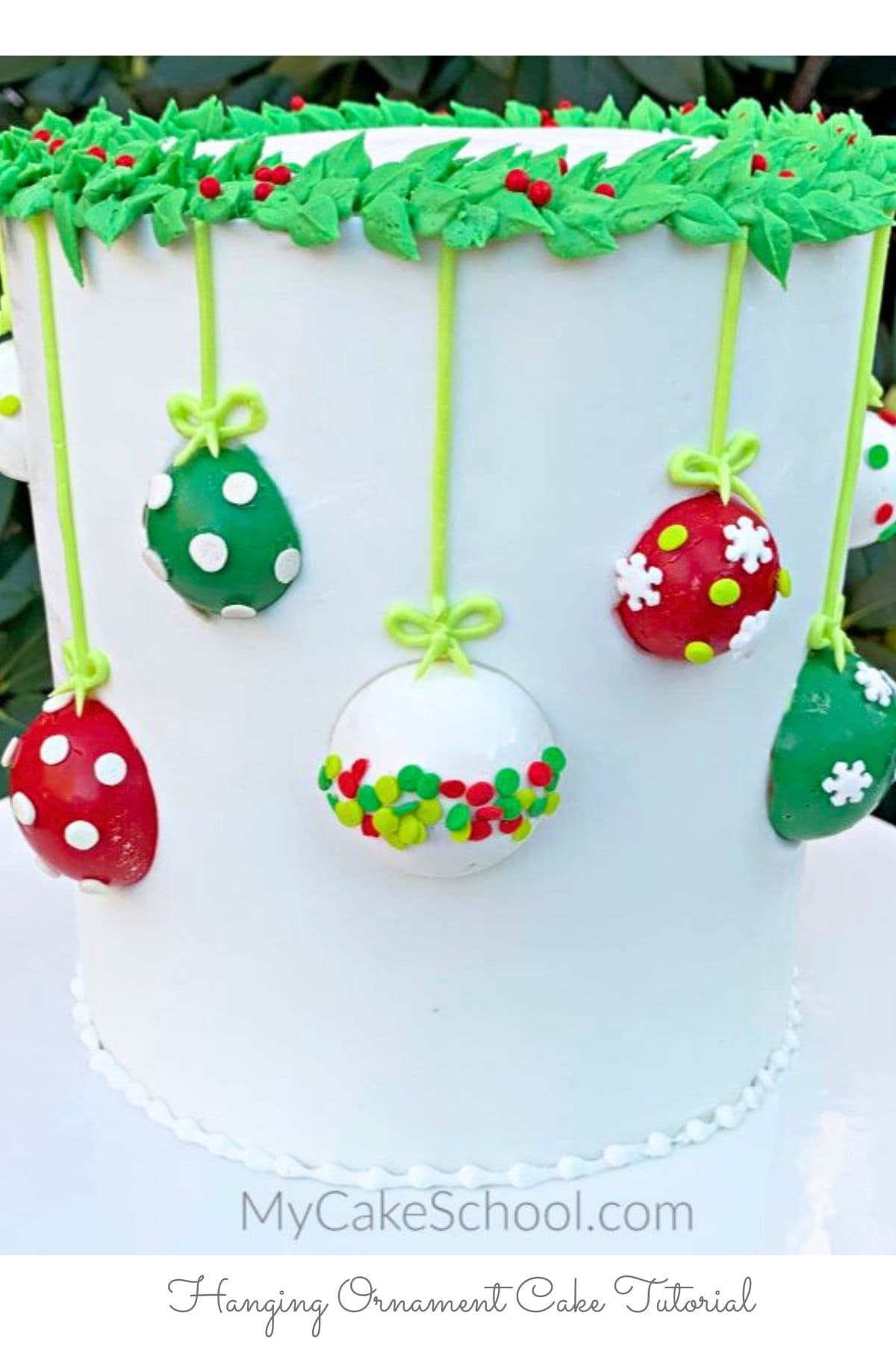 Hanging Ornament Cake on a pedestal.