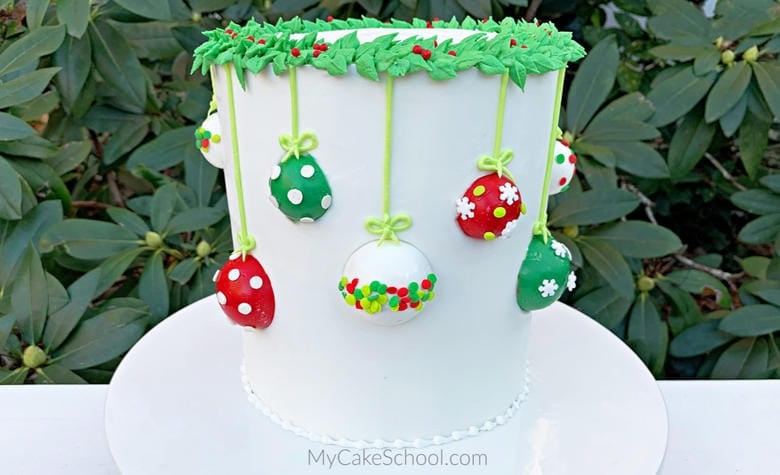 Hanging Ornaments Cake Tutorial by MyCakeSchool.com. This cake is perfect for the holidays!