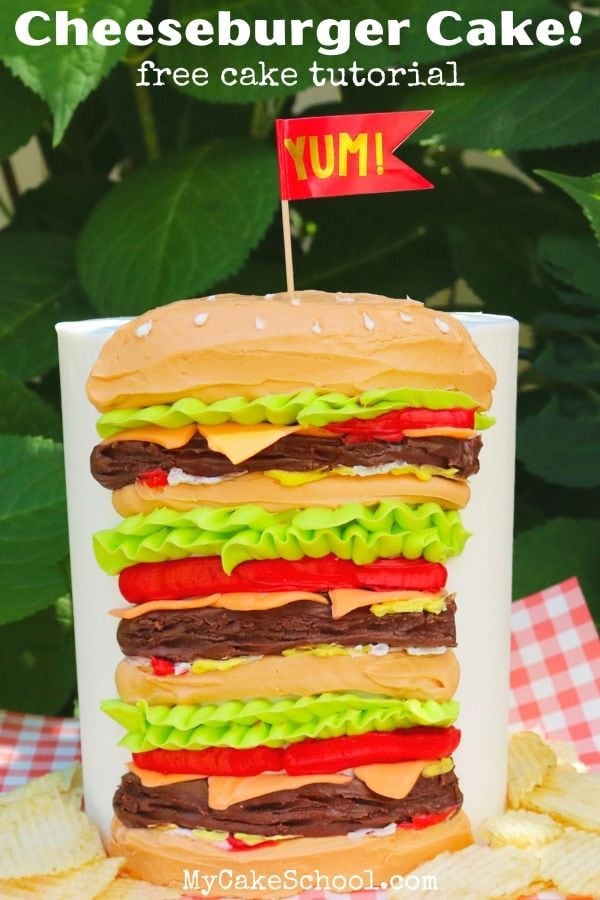 Easy Cheeseburger Cake- Free Video Tutorial!- This is such a fun cake and perfect for cookouts, birthdays, Father's Day, and more!