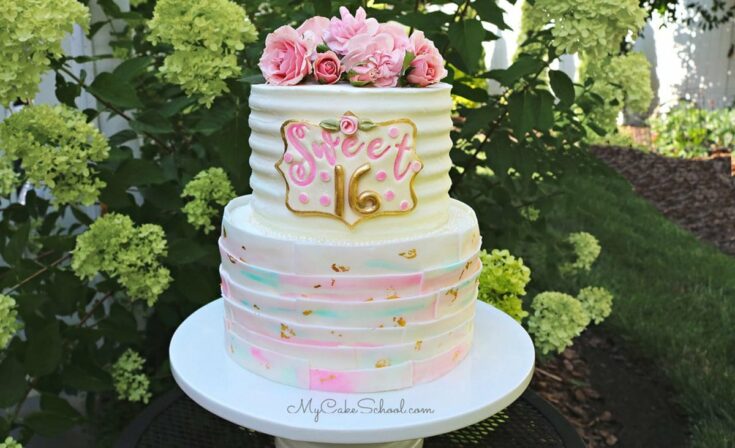 Sweet Sixteen Cake on White Cake Pedestal