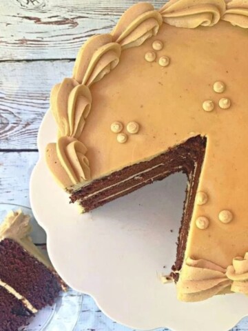 Chocolate Kahlua Cake, sliced, on pedestal.