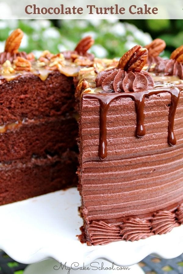 This Chocolate Turtle Cake Recipe is the BEST! So decadent and delicious! Chocolate Turtle Cake Recipe- So decadent and delicious!