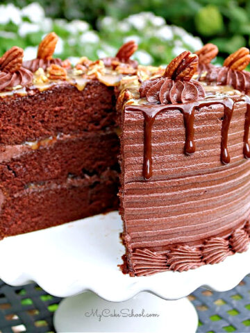 Sliced Chocolate Turtle Cake on white pedestal.