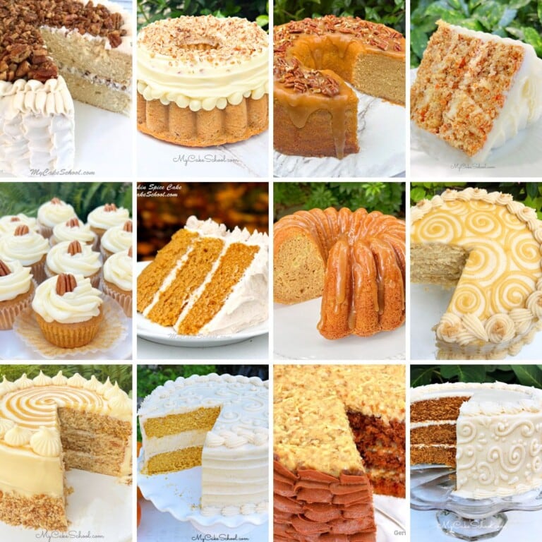 Photo grid of fall cake recipes.