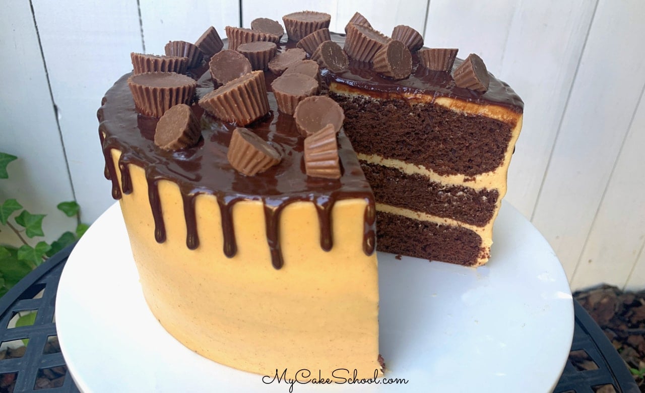 This Peanut Butter Chocolate Cake Recipe with Peanut Butter Frosting and Ganache Drip is the best! It all starts with a cake mix!