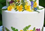 Pressed Flowers cake on a pedestal.