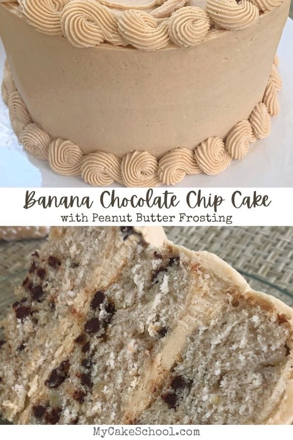 Super moist and delicious Peanut Butter Chocolate Chip Layer Cake with Peanut Butter Frosting! Yum!! Banana Chocolate Chip Cake with Peanut Butter Frosting- So moist and delicious!