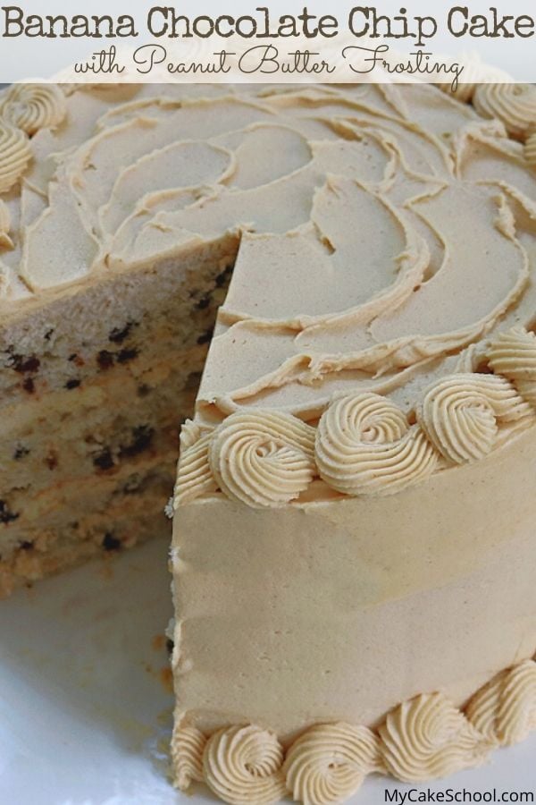 This moist and delicious scratch Banana Chocolate Chip Cake with Peanut Butter Frosting is SO good! Banana Chocolate Chip Cake with Peanut Butter Frosting- So moist and delicious!