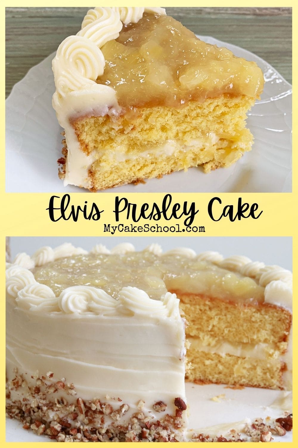 Elvis Presley Cake is a moist a flavorful combination of yellow cake, pineapple, cream cheese frosting, and pecans!