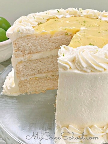 Key Lime Layer Cake on glass pedestal