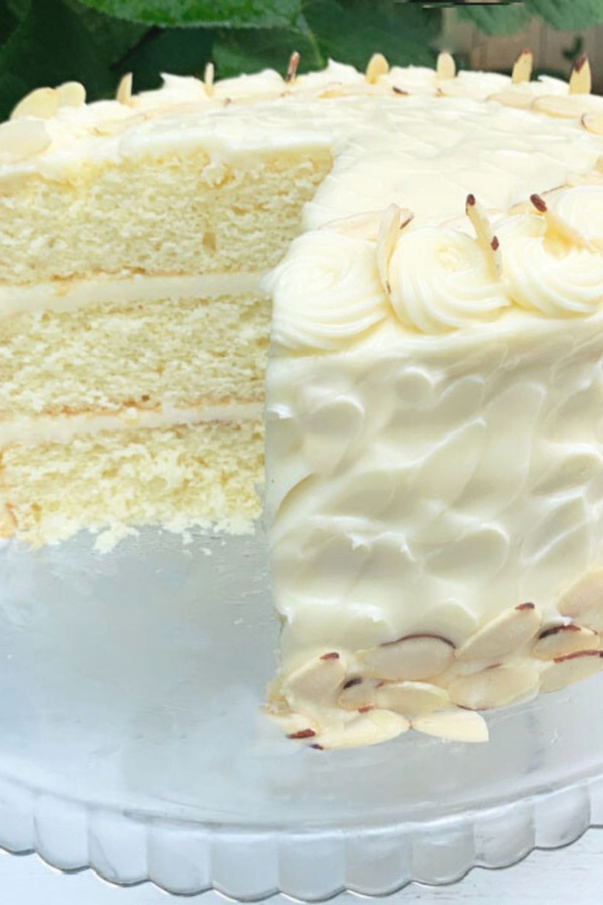 Almond Cake, sliced, on a glass pedestal.