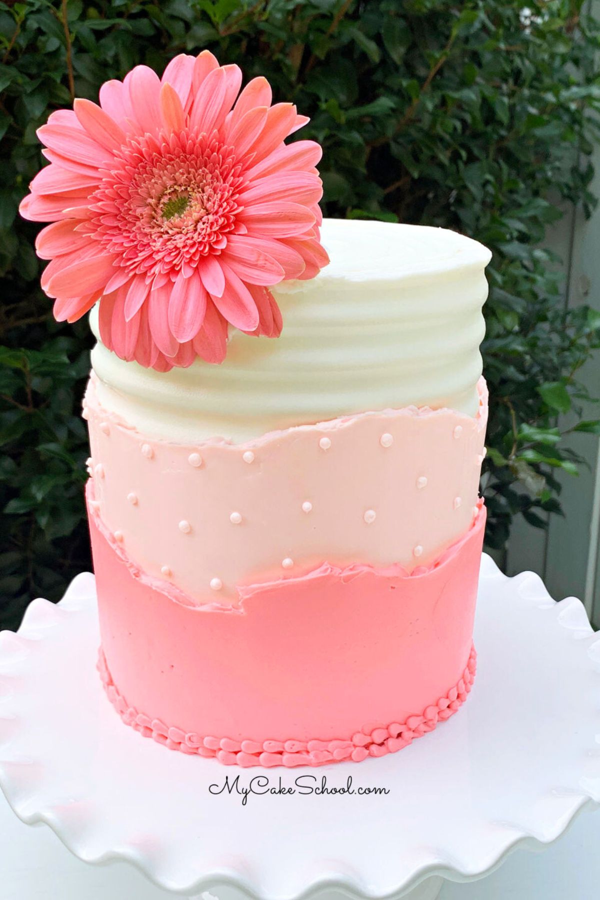 Combed white buttercream cake layered with peach layer of frosting and pink layer of frosting so that each layer of color is exposed.Topped with pink gerbera daisy.