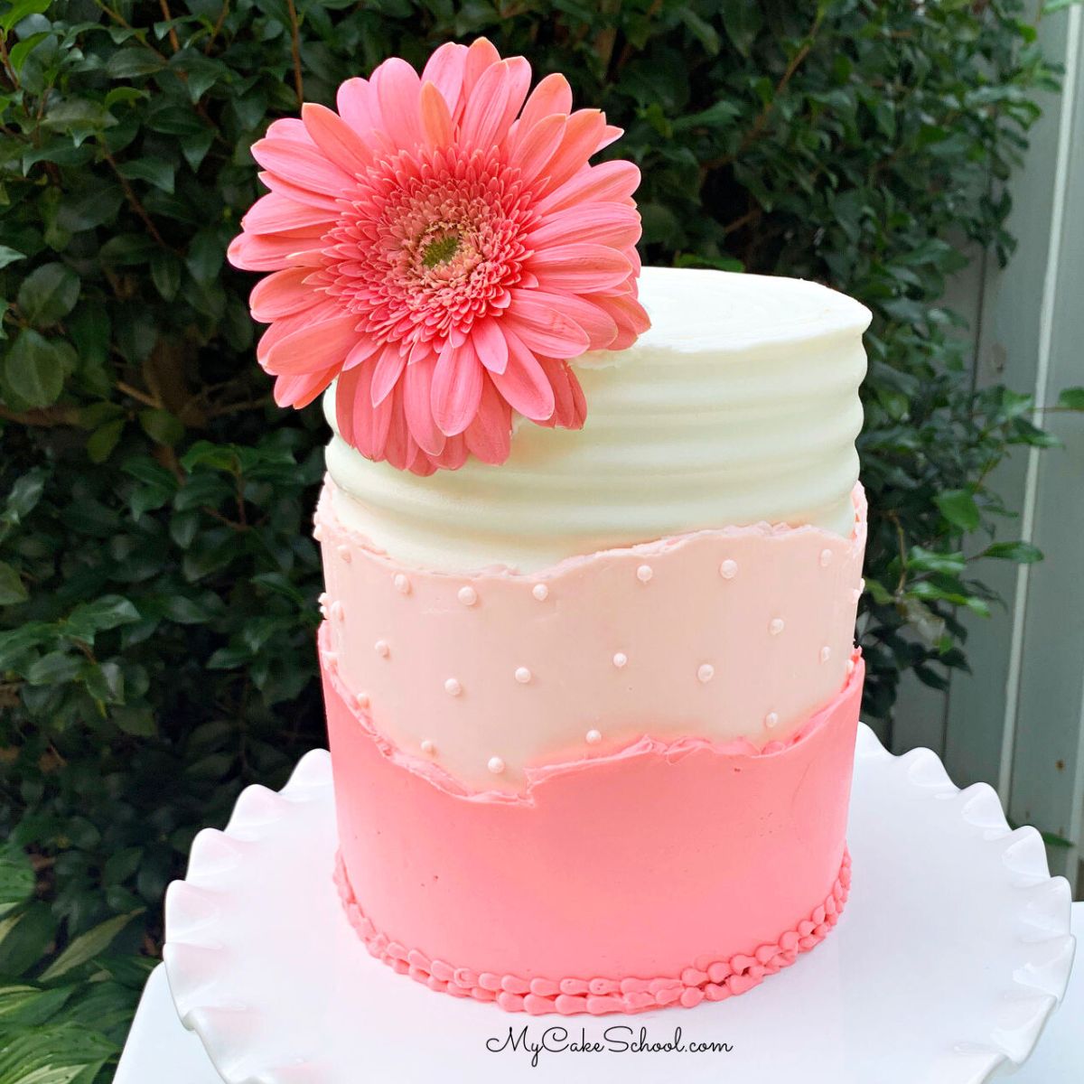 Cake with a layered buttercream cake design (white frosting, peach frosting, and pink frosting) on a white pedestal. Topped with pink gerbera daisy.