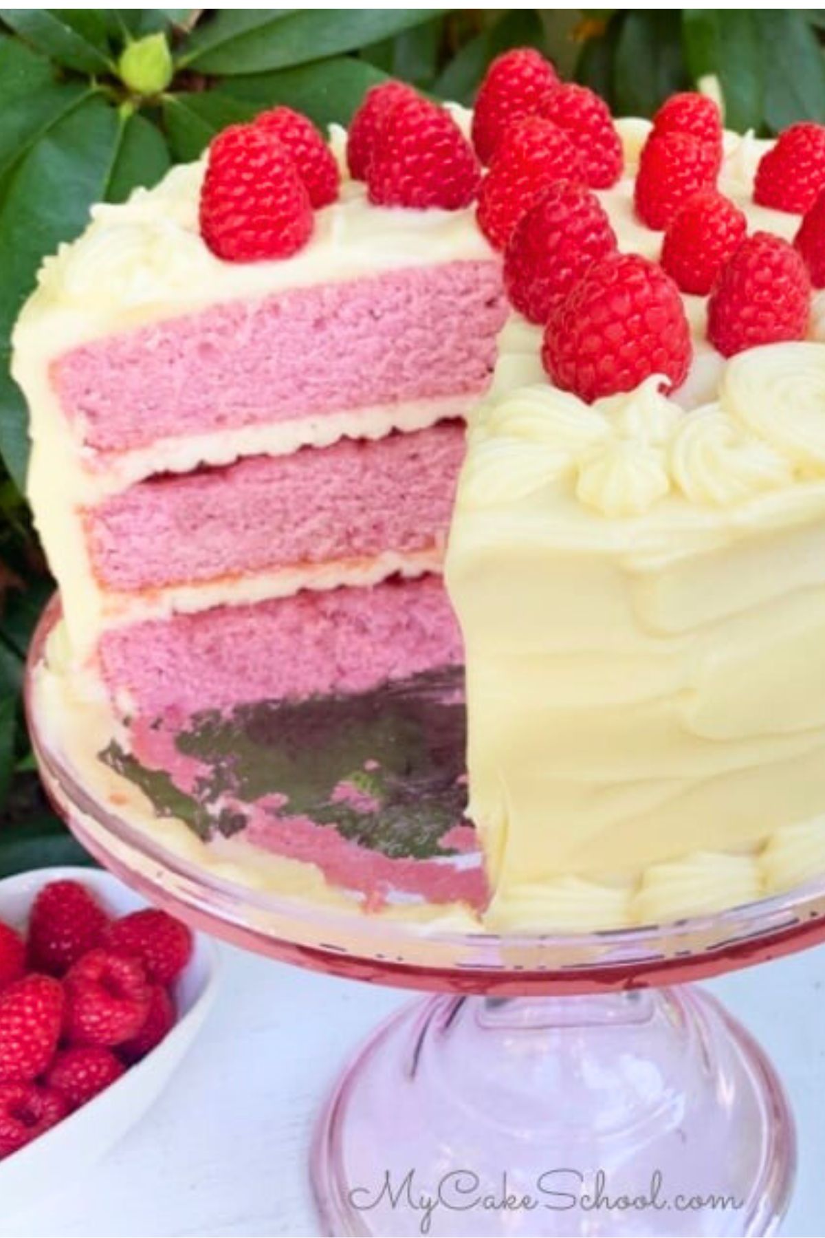 Sliced Raspberry Cake on a pink glass pedestal. Cake is topped with fresh raspberries.