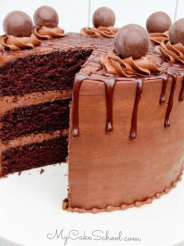 Chocolate Truffle Cake, sliced, on a pedestal.