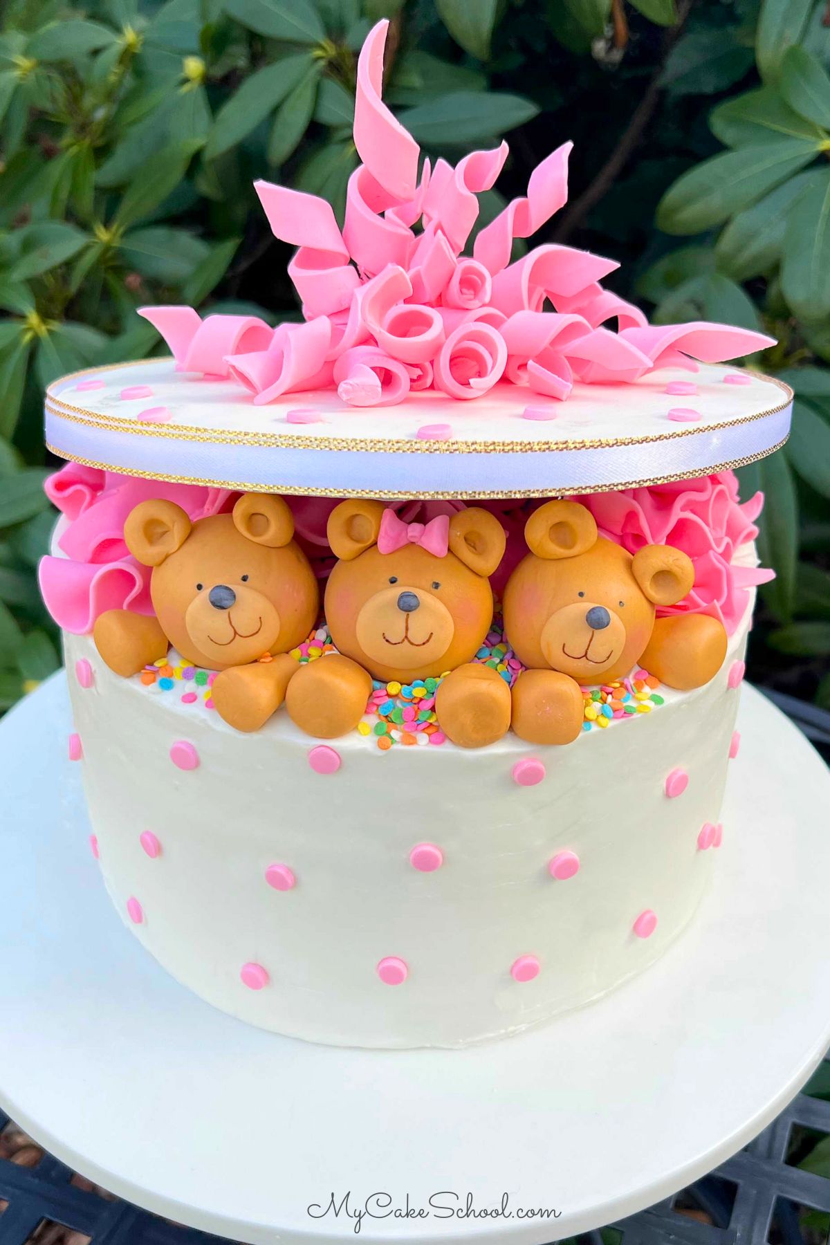 Teddy Bear Gift Cake on white pedestal.