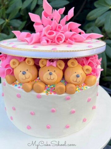 Teddy Bear Gift Cake on a white pedestal