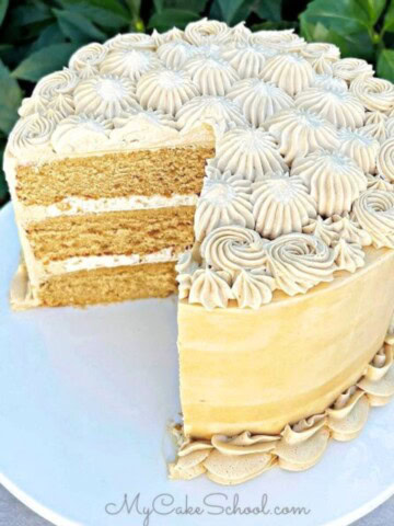 Espresso cake, sliced, on a cake pedestal.