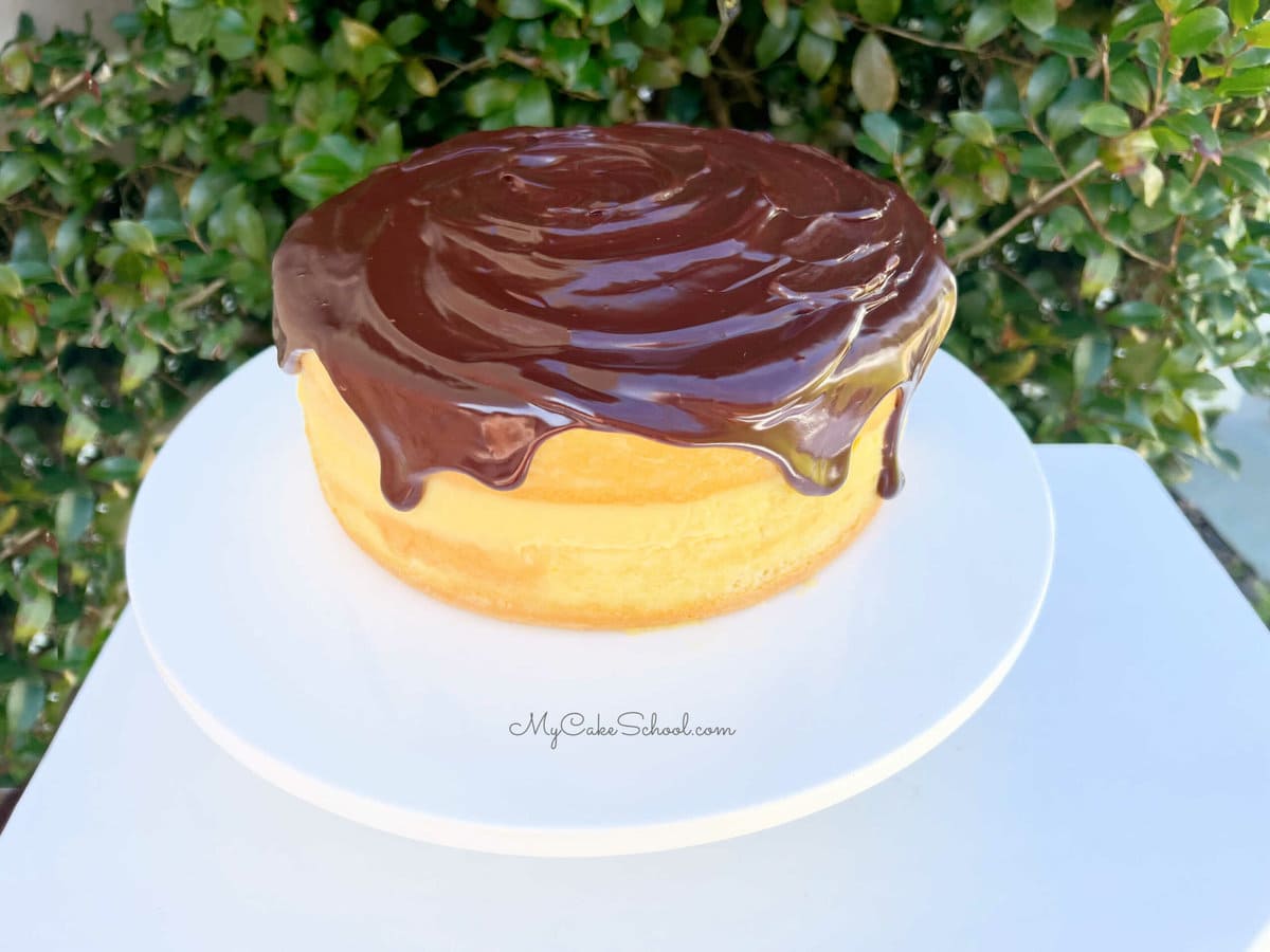 Boston Cream Pie on pedestal