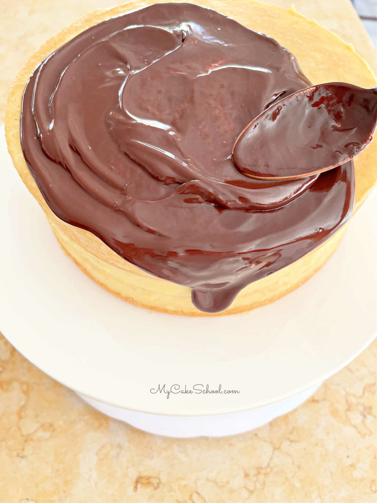 Applying Chocolate Glaze to Boston Cream Pie