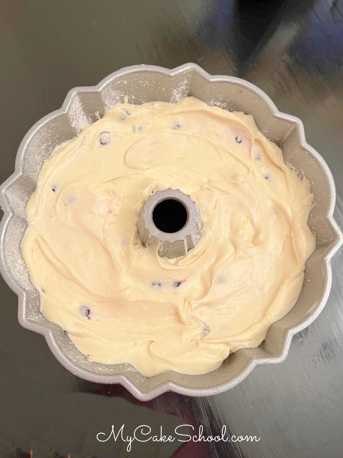 Lemon Blueberry Pound Cake Batter in Bundt Pan