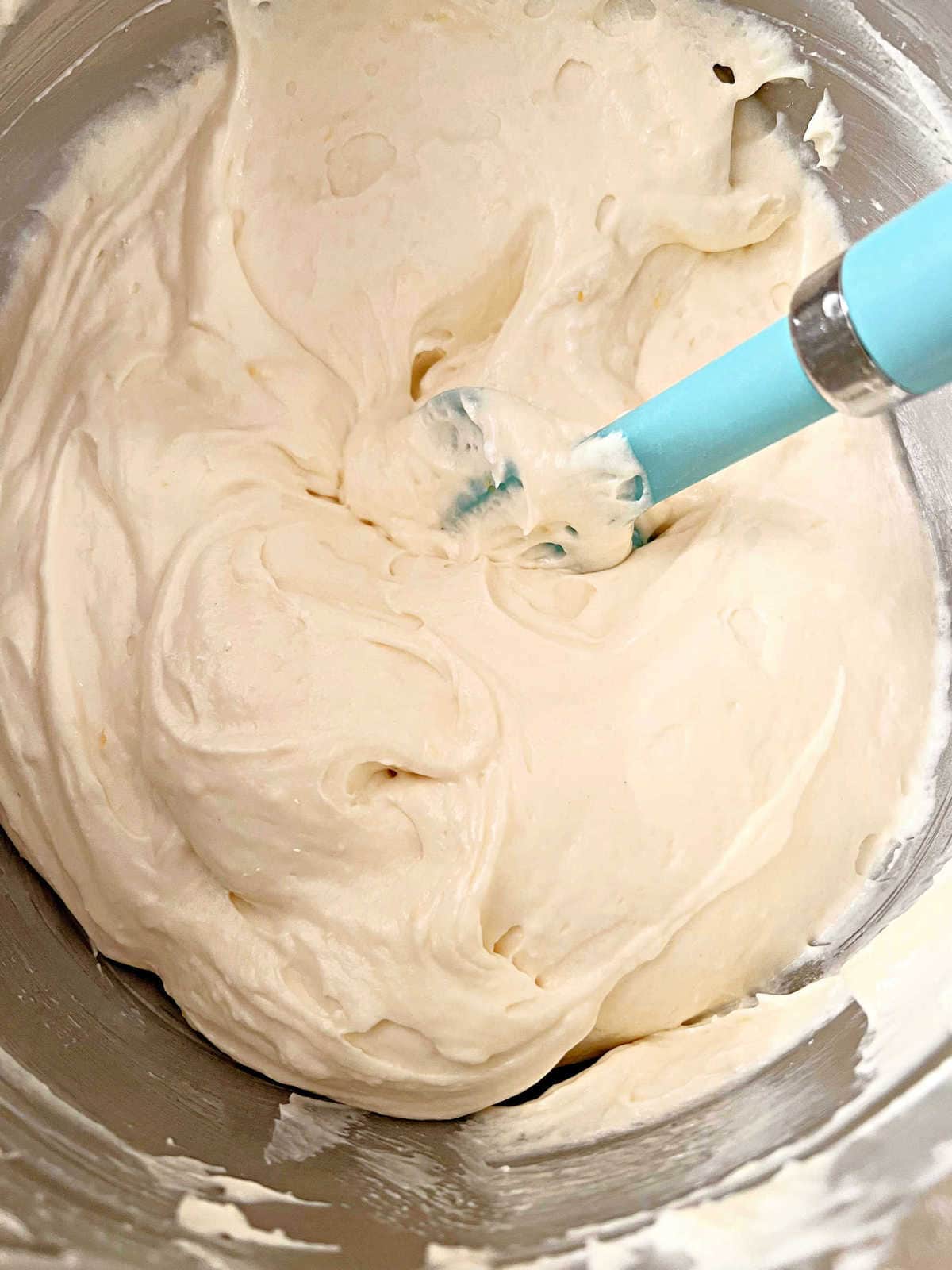Lemon Velvet Cake Batter in mixing bowl.