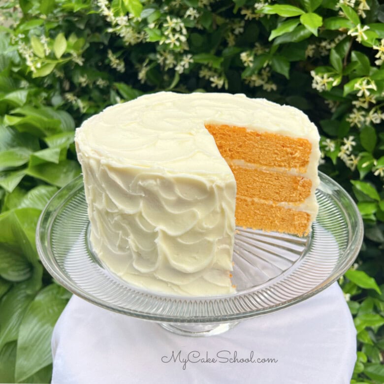 Orange Vanilla Bean Cake on a cake pedestal.