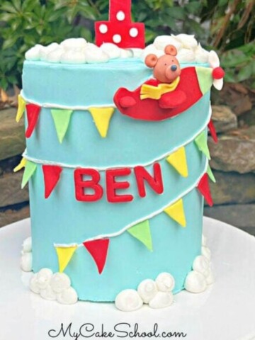 Teddy Bear Airplane Cake on a cake pedestal.
