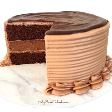 Sliced Chocolate Cheesecake Cake on pedestal.