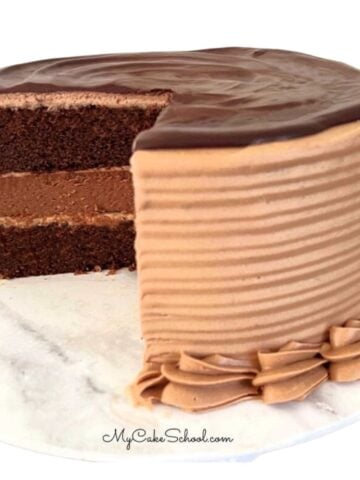 Sliced Chocolate Cheesecake Cake on pedestal.