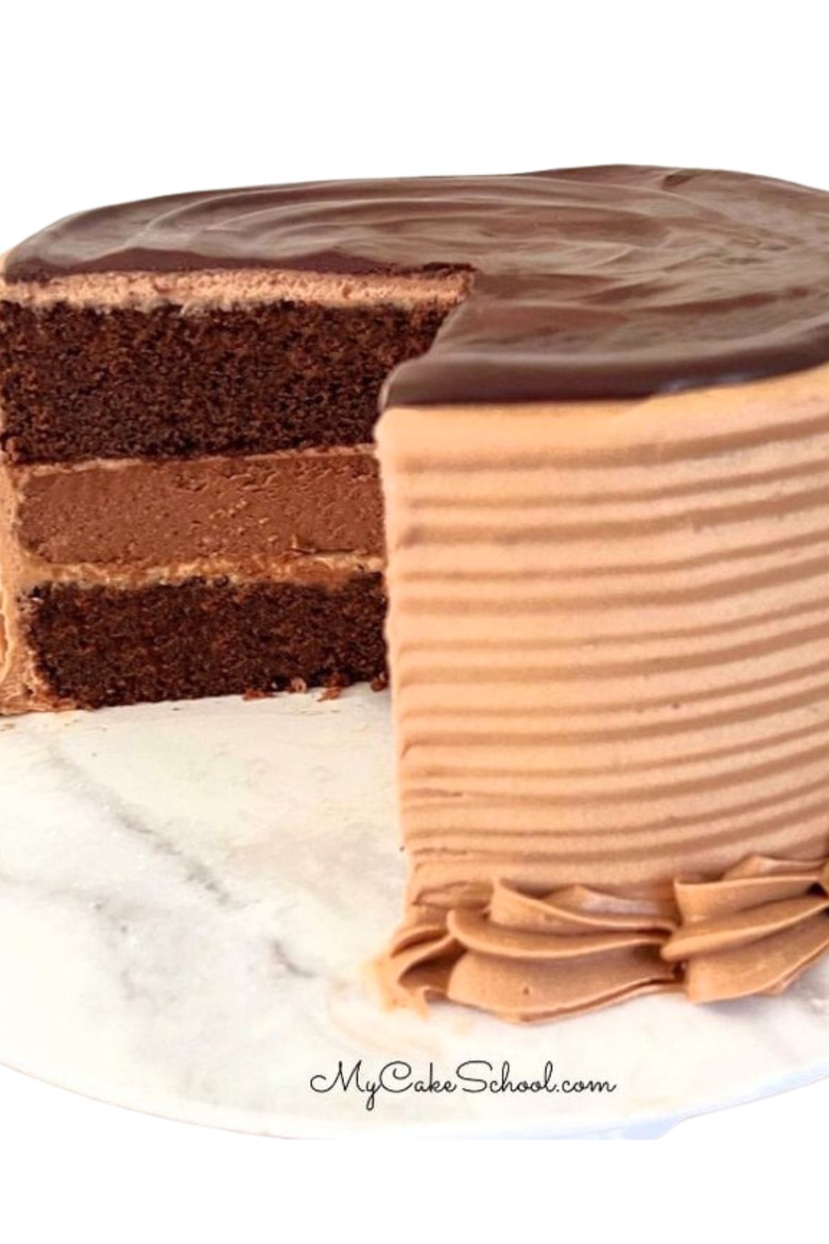 Chocolate Cheesecake Cake, sliced, on a white pedestal.
