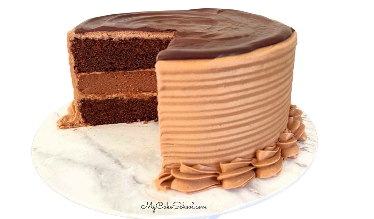 Chocolate Cheesecake Cake on a pedestal, sliced.