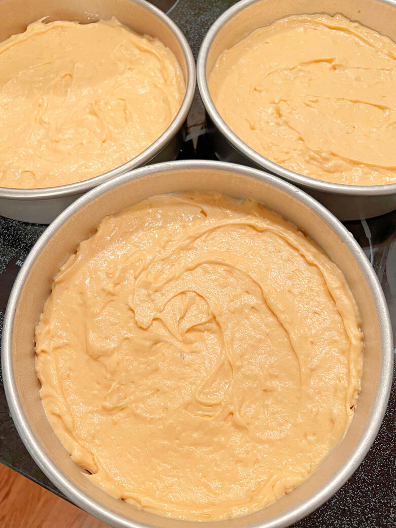 Orange Coconut Cake Batter in Pans