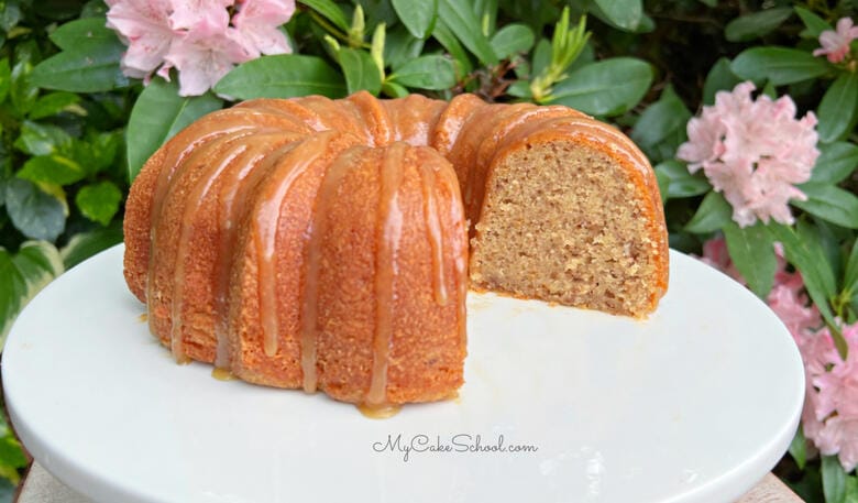 Banana Pecan Bundt Cake with Caramel Glaze (A doctored cake mix recipe)