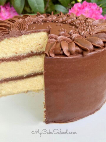 Yellow Birthday Cake frosted with Chocolate Frosting, on a pedestal.