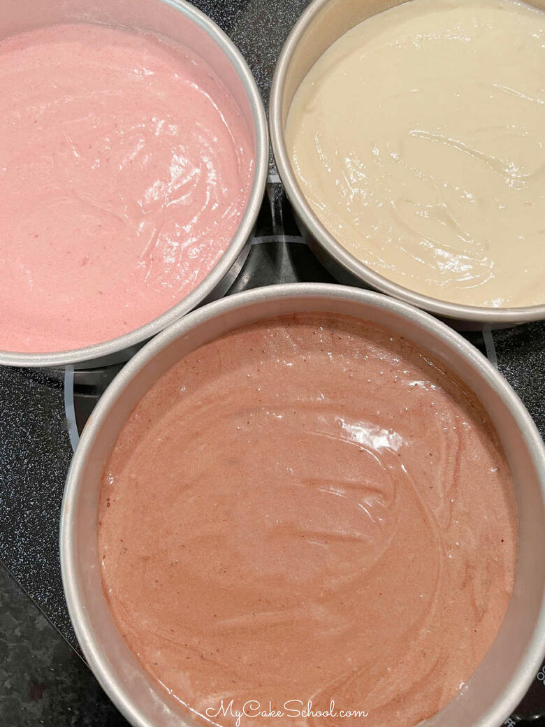 Neapolitan Cake Batter in Pans