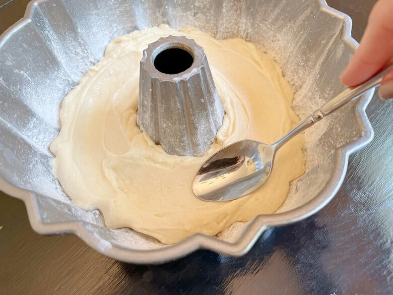 Marble Pound Cake Batter- Filling the Pan