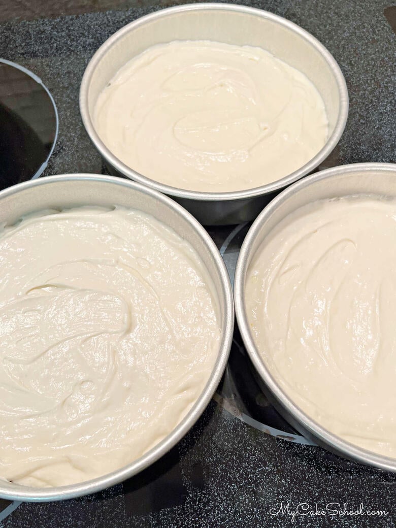 White Velvet Cake Batter in Pans