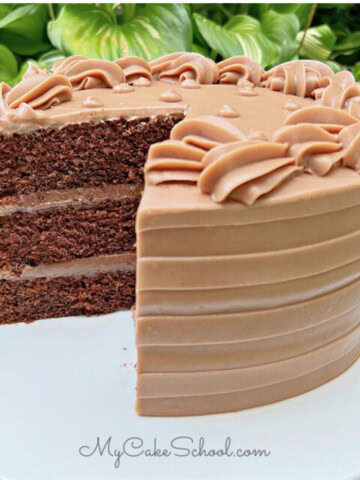 Moist Chocolate Cream Cake, sliced, on a cake pedestal.