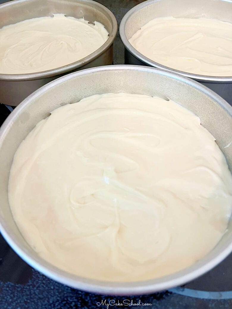 White Chocolate Velvet Cake Batter in Pans