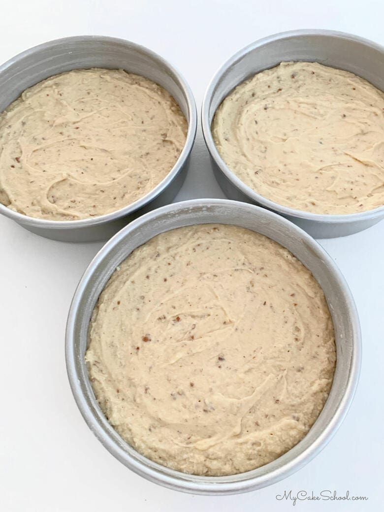 Cake Batter in three 8 inch cake pans