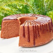 Chocolate Whipping Cream Pound Cake on a cake platter.