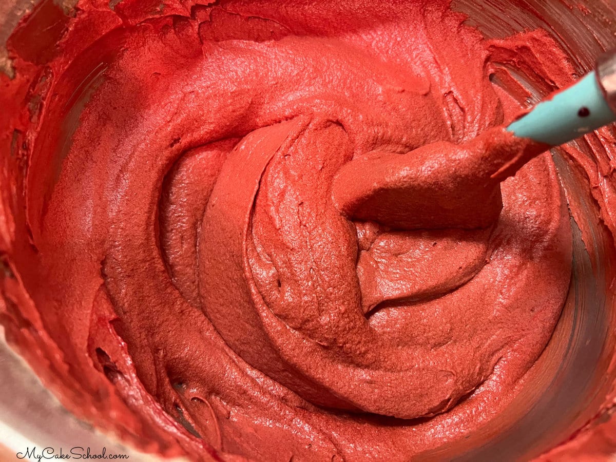 Red Velvet Pound Cake Batter in the Mixing Bowl