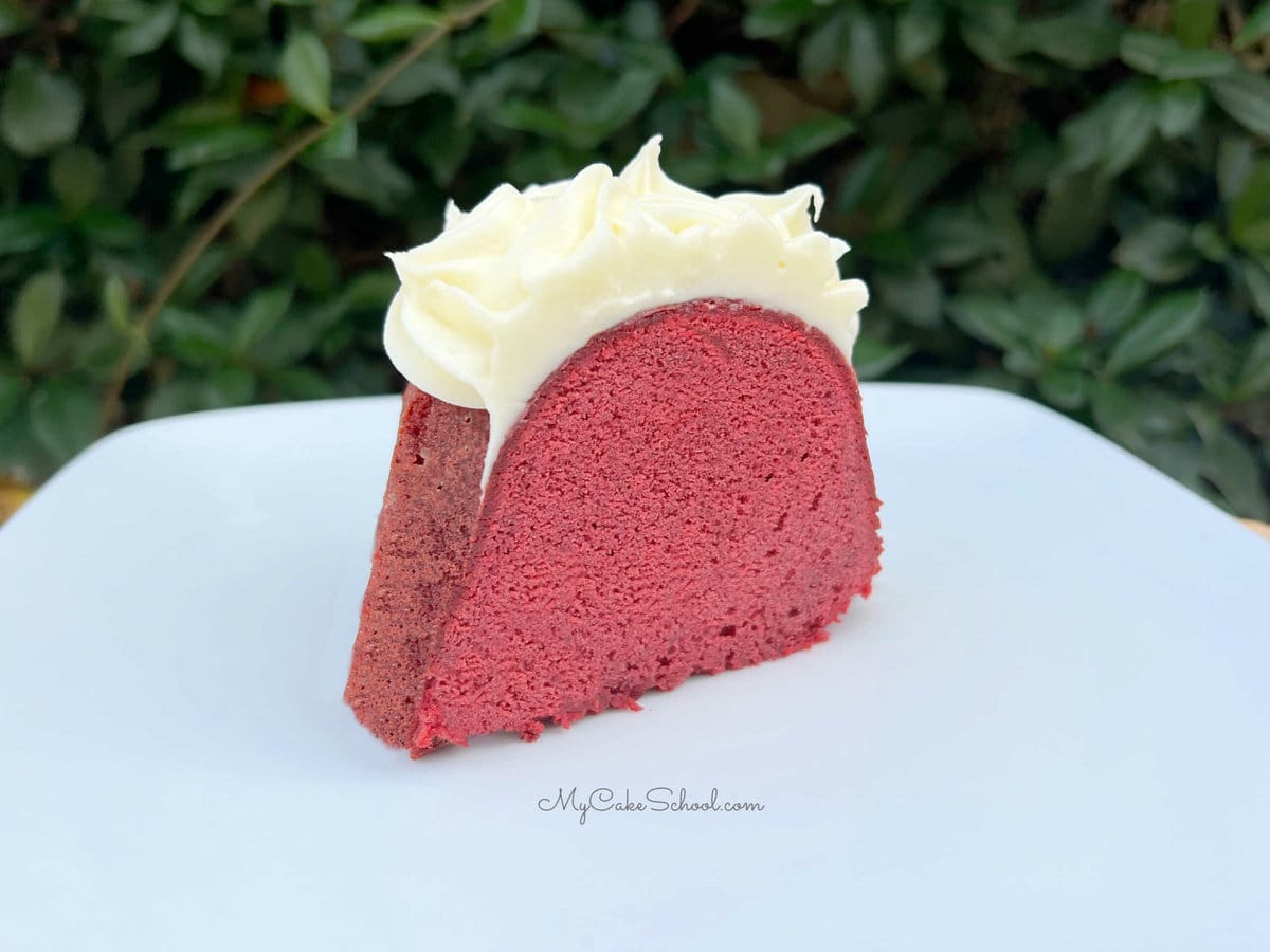 Slice of Red Velvet Pound Cake on plate