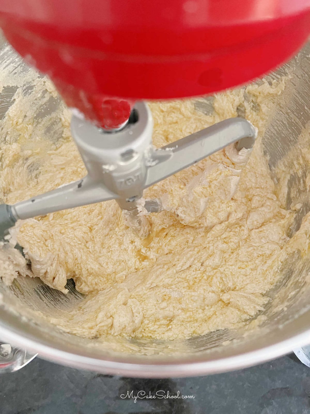 Bowl of cake batter in the mixer