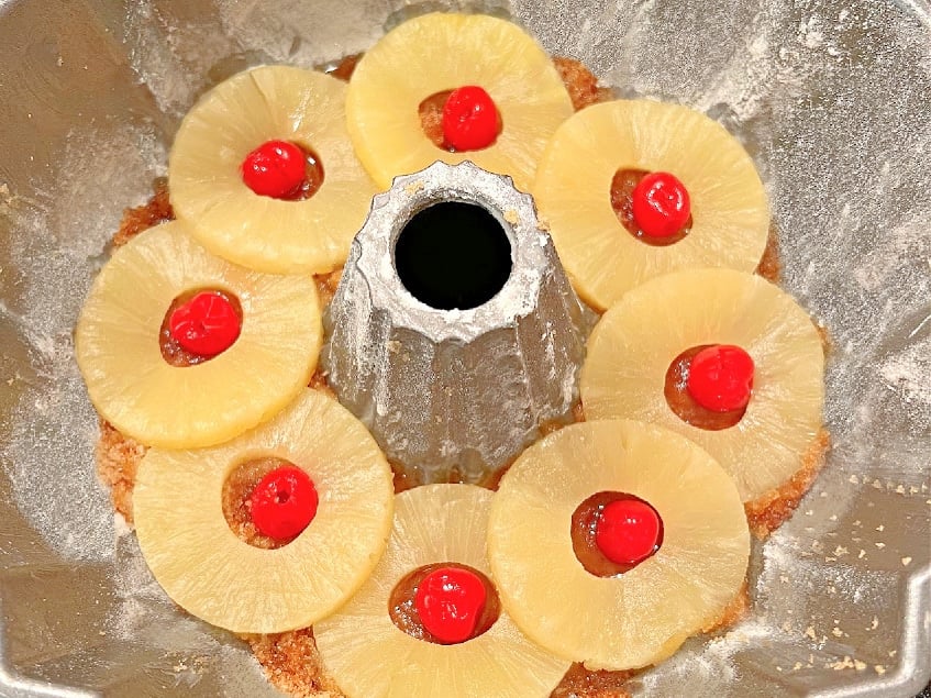 Pineapple Rings with cherries in the centers- bottom of the pan