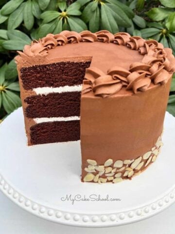 Sliced Chocolate Almond Cake on a pedestal.