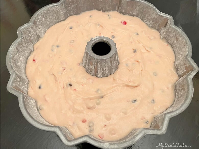 Cherry Chocolate Chip Cake Batter in Bundt Pan