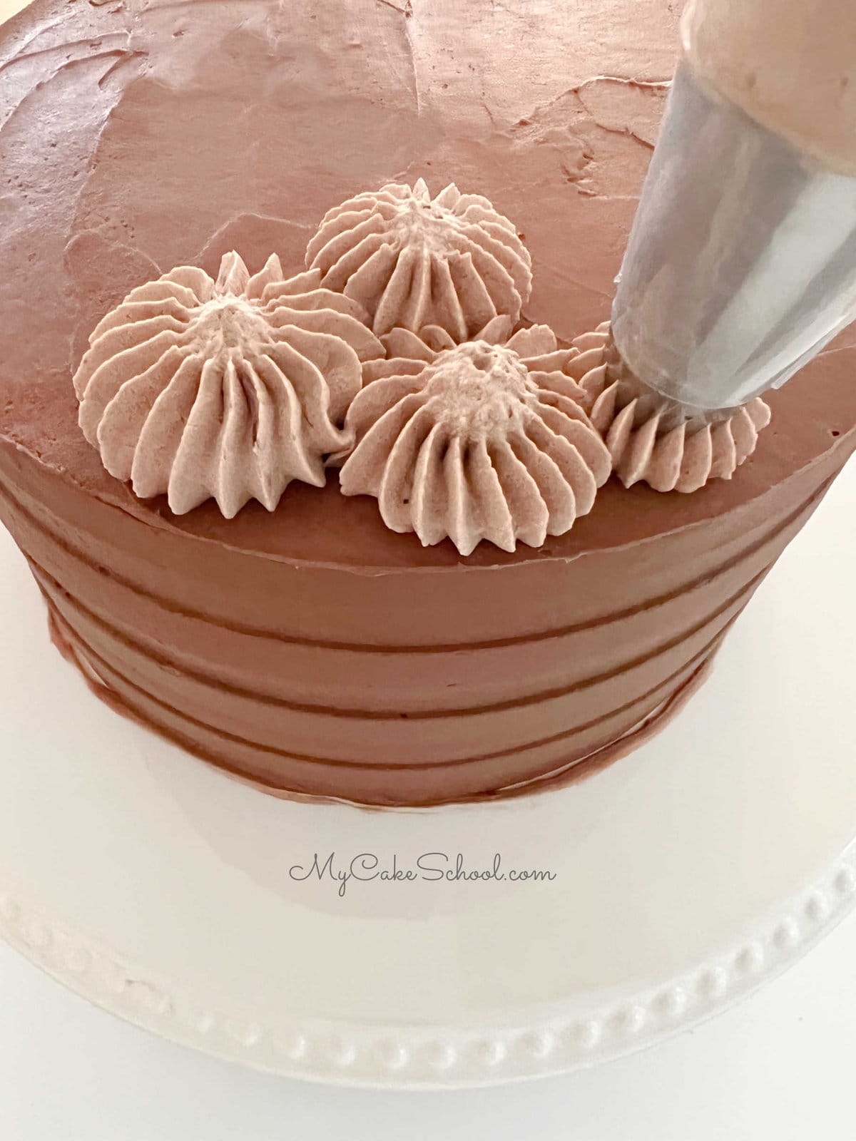 Piping Chocolate Whipped Cream onto top of frosted cake with a french piping tip (star tip)